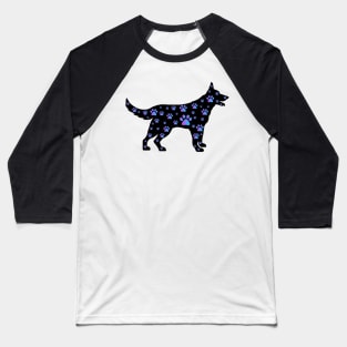 Blue Purple Paw Print Black Dog Silhouette Baseball T-Shirt